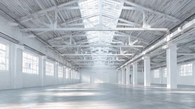 Industrial Architecture's Light: A vast industrial warehouse interior, bathed in natural light streaming through clerestory windows, showcasing the raw beauty of architectural design.