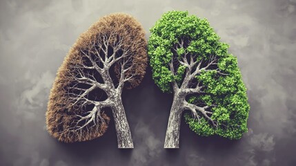 Smokers&acirc;&euro;&trade; lungs represented with dead trees, contrasted with healthy green lungs