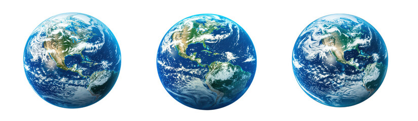 An artistic representation of three Earth globes symbolizing our planet's diversity., transparent background