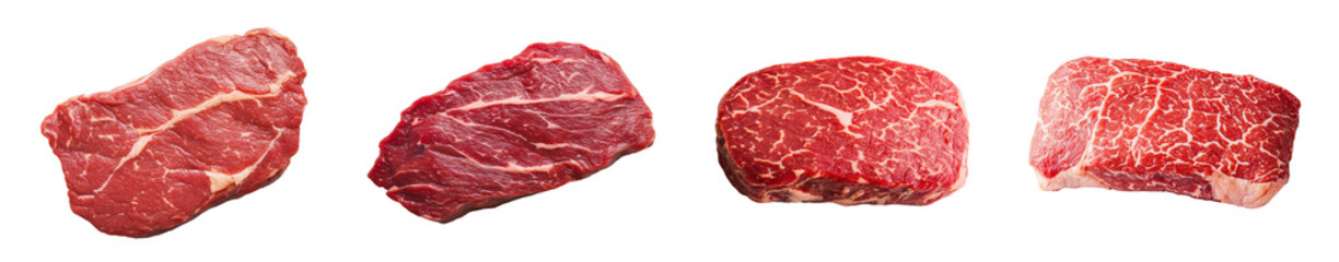 Obraz premium Assorted high-quality cuts of raw beef on a white background for culinary use., transparent background