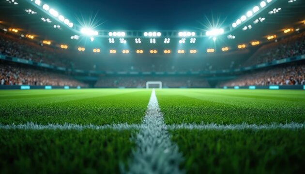 Brightly lit soccer field arena stadium night with white line marking. Green turf, goal, crowd of fans, bright spotlights. Competition, championship, match, sport game, play, night.