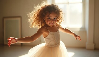 Naklejka premium Little ballerina girl twirls in sunny studio, dances with joy. Charming child wears tutu. Beautiful kid performs ballet, practices classical dance. Young ballerina in white dress smiles at camera.