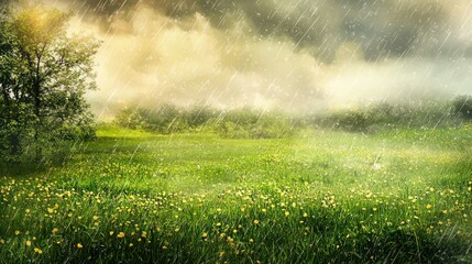 Spring meadow with vibrant green grass and soft light rain