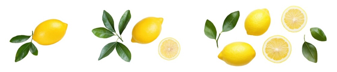 Fresh lemons with leaves, showcasing their bright yellow color and vibrant freshness., transparent background