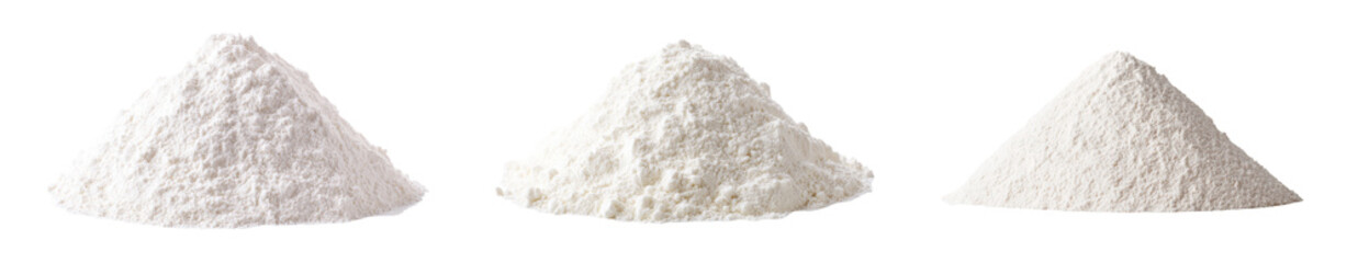 Three distinct piles of white flour arranged elegantly on a clean surface., transparent background