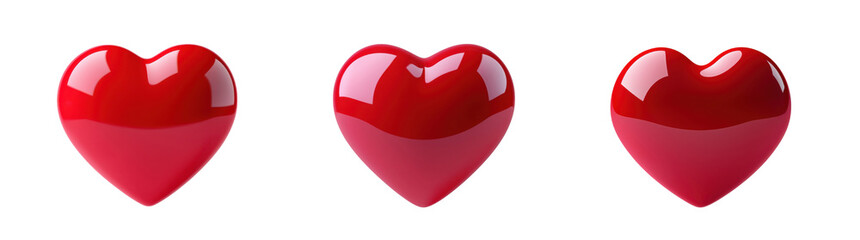 Three glossy red hearts symbolize love and affection in a minimalist design., transparent background