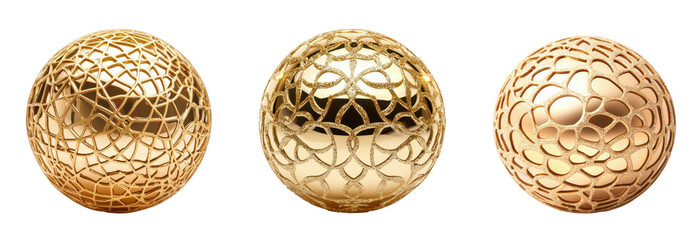 Three elegant golden spheres with unique patterns showcasing modern design., transparent background
