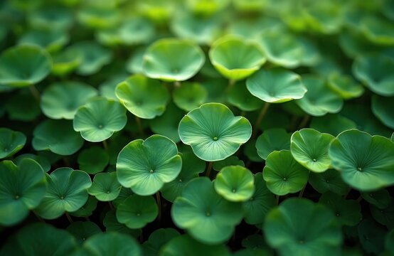 Green water pennywort aquatic plant. Close-up view of fresh green leaves. Nature botanical background for eco, health, wellness, summer, spring topics. Round leaves, vibrant colors create fresh vibe.