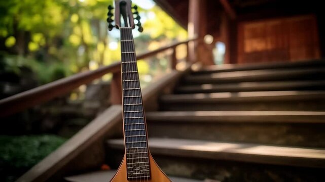 Musical stringed instrument rests on outdoor steps in traditional Asian architecture and lush greenery, creating peaceful ambiance
