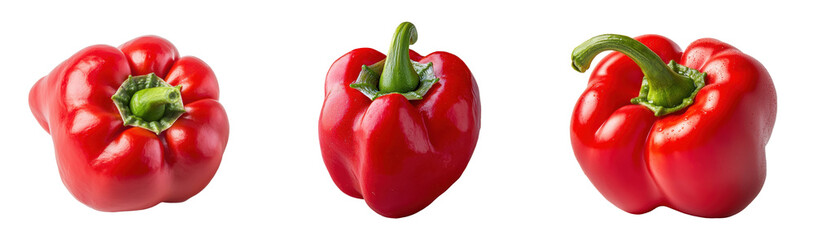 Three vibrant red bell peppers displayed against a clean background., transparent background