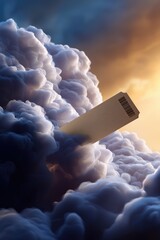 Surreal ticket in dramatic cloudscape at sunset with barcode