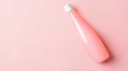 Top-down view of a bottle of milk on pastel pink background, product template style