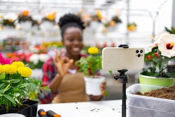 An African-American woman gives a thumbs up while filming a gardening tutorial with her phone in a greenhouse.