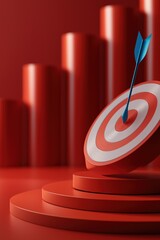 Blue arrow hits red bullseye with red cylinders in background for success and precision concept
