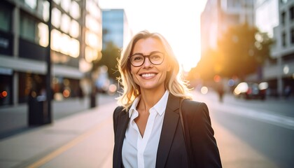 Smiling Businesswoman in City Street at Sunset Success and Confidence.