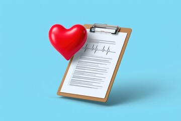 Heart health concept with ecg clipboard and 3d heart on blue background