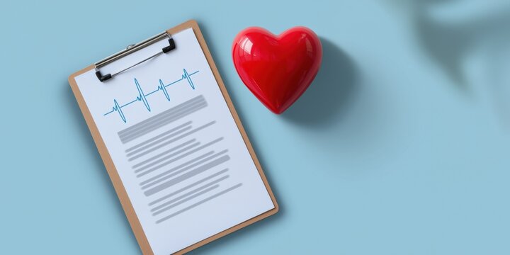 Medical clipboard with heartbeat graph and heart symbol on blue background