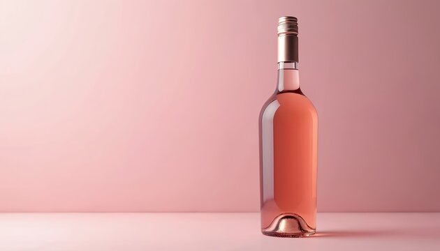 Stylish bottle rose wine on pink background. Aesthetic design, elegant minimalism, concept luxury, drink alcohol beverage, wine bottle. Ideal for advertising, bar menu, restaurant promotions.
