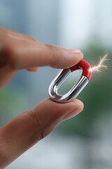 Close-up of person holding small horseshoe magnet with electric spark