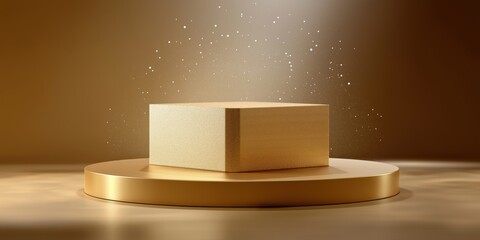 Golden cube on spotlighted podium with sparkling highlights