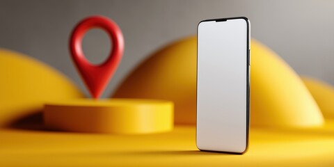 Sleek smartphone with gps location icon on yellow geometric background