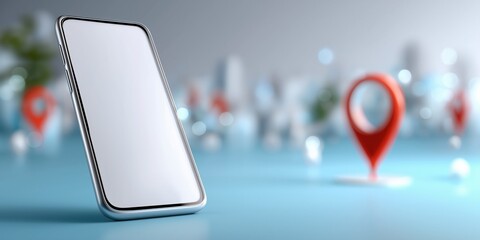 Modern smartphone with location pin against blurred cityscape background