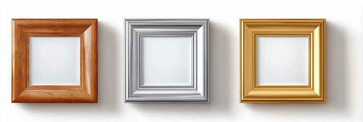 Wooden, silver, and gold frames on white background