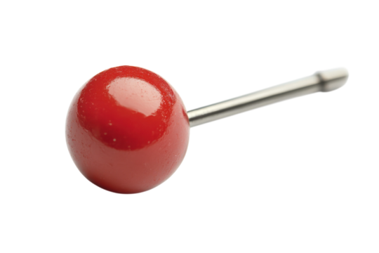 An intriguing red spherical pushpin defying gravity against a stark black backdrop in minimalist isolated on transparent background. Generative Ai.