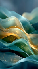 Obraz premium Abstract glowing waves in teal and gold tones with bokeh sparkles. Elegant flowing lines create a dreamy, futuristic background. Perfect for design, tech, or wellness concepts.