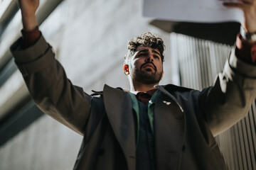A determined businessman stands confidently outdoors, conveying determination and professionalism,...