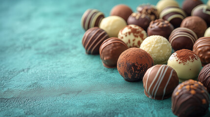 Luxurious chocolate-coated truffles lie on a turquoise surface, inviting you to enjoy the moment and immerse yourself in a world of sweet pleasure.