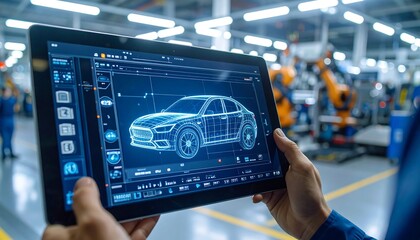 Digital car design on tablet in a factory