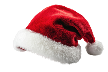 A cozy Santa hat promising warmth and holiday cheer awaits its wearer against a clean black backdrop isolated on transparent background. Generative Ai.