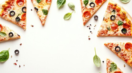 Overhead shot of pepperoni pizza slices arranged in a circle on a white background, interspersed with black olives, basil leaves, and red pepper flakes, leaving a central blank space