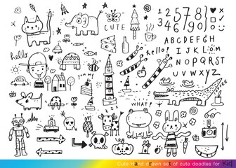 Collection of hand drawn cute doodles,Doodle children drawing,Sketch set of drawings in child style,Funny Doodle Hand Drawn,Page for coloring, cute animal hand drawn, cute Doodle