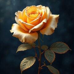 Close-up art illustration of golden rose with leaves. Realistic digital drawing perfect for greeting cards, wedding invitations, holiday backgrounds. Gold and black colors, spring mood.