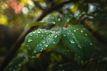 Closeup of dew drops on lush green leaves