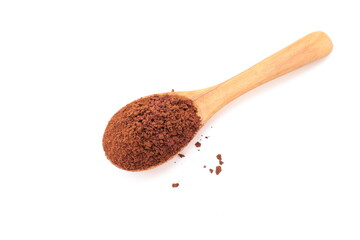 spoon with ground coffee, Finely ground roasted coffee, coffee powder