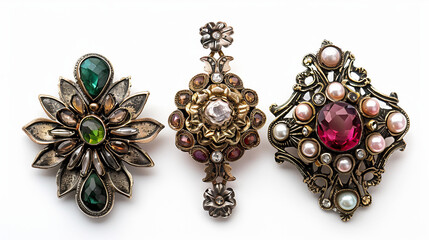 Classic Antique Brooches in Vintage Style on white background.PNG