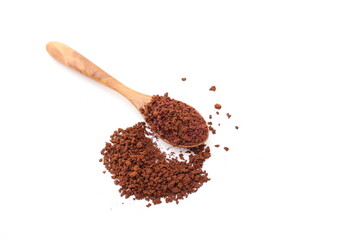 coffee beans and spoon, Finely ground roasted coffee, coffee powder