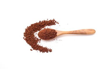 coffee beans and spoon, Finely ground roasted coffee, coffee powder