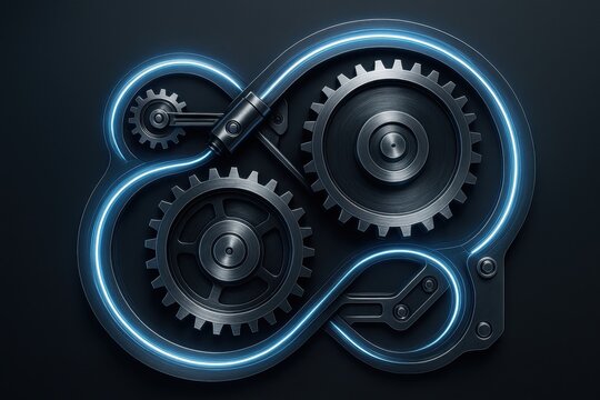 Exploring the principles of circular economy through interlocking gears and blue neon accents