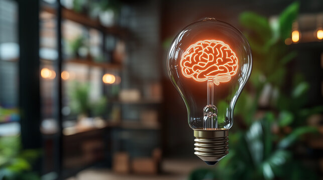 A light bulb shaped like a brain in a modern loft office. The background represents creativity, intelligence and breakthrough ideas, for themes of artificial intelligence, smart technology, innovation
