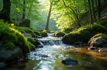 Obraz premium Crystal clear stream flows through green forest. Sunlight filters leaves moss covered rocks. Nature landscape scenic background. Tranquil, idyllic, fresh, clean, healthy environment. Picturesque,