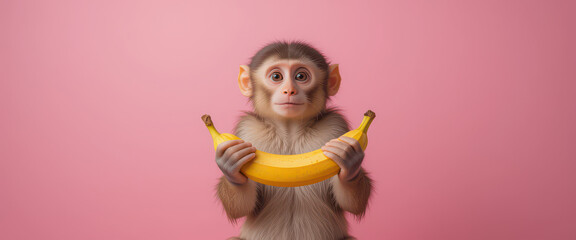 Fototapeta premium Sweet baby monkey holding a ripe yellow banana with a gentle expression on its face against a pastel pink background in a playful and imaginative animal portrait composition