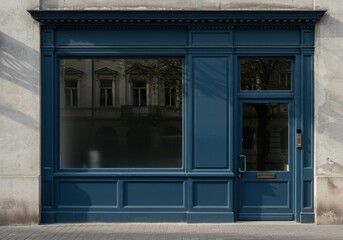 A classic storefront with a deep teal-blue wooden facade, reflective windows, and a mail slot
