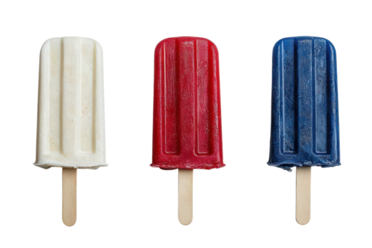 Patriotic red white and blue popsicles lined up on black a cool treat on a summer day simple studio isolated on transparent background. Generative Ai. - Powered by Adobe