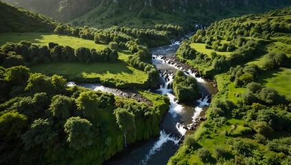 Aerial view of a lush green mountainous valley with winding river, sunlight casting shadows over dense forest trees, showcasing untouched natural beauty and serene atmosphere