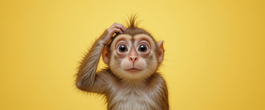 Cute wide-eyed baby monkey scratching its head with a confused expression against a vibrant yellow background in a stylized cartoon-inspired animal portrait with character appeal