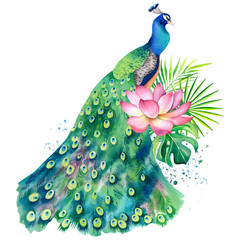 Obraz premium Peacock and lotus flower set. Hand-painted watercolor painting on a white background. Botanical illustration of monstera, palm branches and lotus. Chinese, Japanese, Indian ornaments. Zen design.
